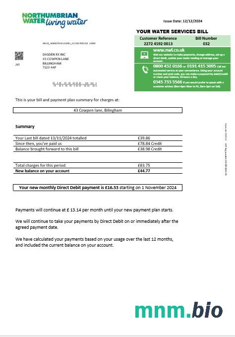 Wielka Brytania Northumbrian Water rachunek za usługi komunalne szablon w formacie Word i PDF, Wersja 1